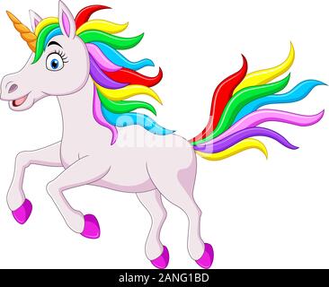 Cartoon funny rainbow unicorn horse jumping Stock Vector