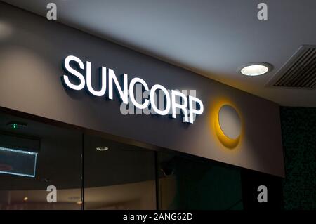 Brisbane, Queensland, Australia - 10th January 2020 : Suncorp Bank logo hanging in front of the headquarter in Brisbane. Suncorp is an Australian fina Stock Photo