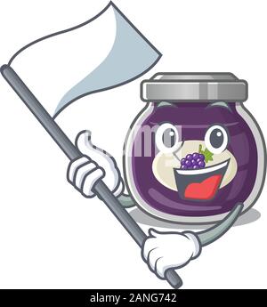 Funny grape jam cartoon character style holding a standing flag Stock Vector