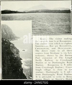 Picturesque Donegal: its mountains, rivers, and lakesBeing the Great Northern Railway (Ireland) Company's illustrated guide to the sporting and touring grounds of the north of Ireland . 47 SHEEPHAVEN BAY.. SUKlilMI.WKN HAY Route.—The visitor makingthe complete tour is at Rosapenna.The centres from which to exploreSheephavex Bay are Rosapenxa,Creeslough, and Dunfanaghy.The direct route to all threecentres from Strabane is via Let-terkenny, thence by the BurtonPort extension of The LoughSwilly Railvay to CreesloughStation or to Dunfanaghy RoadStation. Rosapenna is 8 milesfrom Creeslough Station Stock Photo
