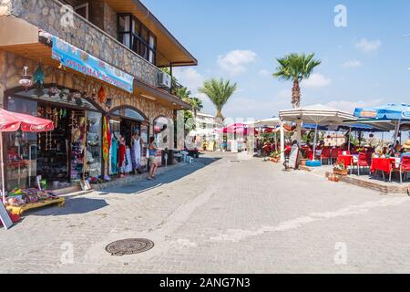 Side, Turkey - September 9th 2011: Shops and beachside restaurants. The town is a populat tourist destination.