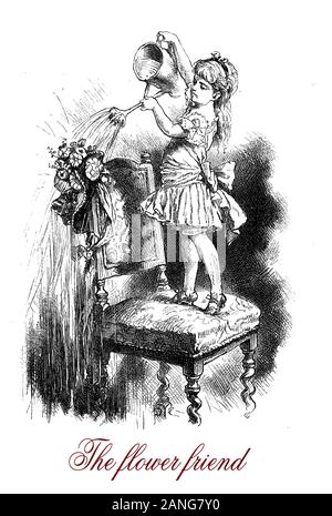 satirical magazine caricature and fun - the flower friend: little girl fancy dressed standing on a chair waters the flowers of the mum's hat Stock Photo