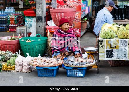 Nan, Thailand - December 16th 2014: Woman selling dried fish on the market. A market is held every day in the town centre. Stock Photo
