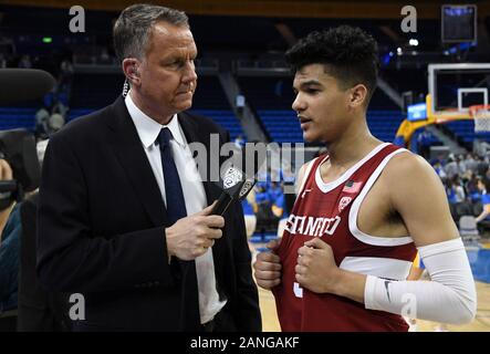 Jan 15, 2020; Los Angeles, California, USA; Stanford Cardinal guard Tyrell Terry (3) is interviewed by Pac-12 Networks broadcaster Dan MacLean after the game against the UCLA Bruins at Pauley Pavilion. Stanford defeated UCLA 74-59. (Photo by IOS/ESPA-Images) Stock Photo