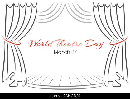 World theatre day card with curtains and scene Stock Vector