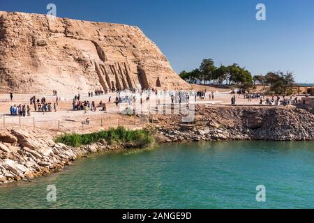 Abu Simbel temples, Great Temple, and Lake Nasser, Nubian Monuments, Abu Simbel, Aswan Governorate, Egypt, North Africa, Africa Stock Photo
