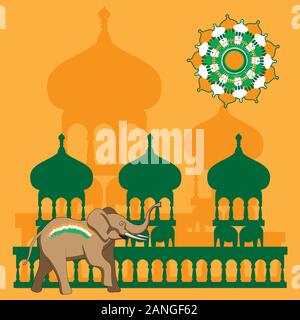 Orange abstract isolated background with an elephant, the temples of the sun. Vector image. Stock Vector