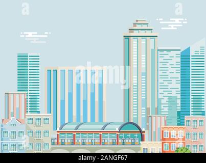 City silhouette in a big city with train station and elevated train Stock Vector
