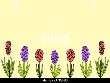 Horizontal spring background with colored flowers hyacinths isolated on pastel yellow background.Copy space.Place for text.Vector stock template.Desig Stock Vector
