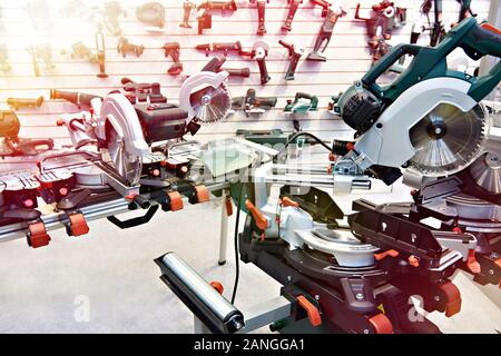 Electric saws in the household tool store Stock Photo