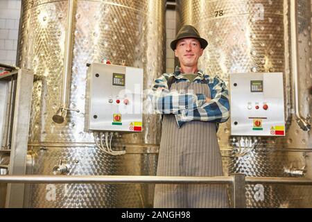 Confident winemaker in front of a fermentation tank with his arms crossed Stock Photo