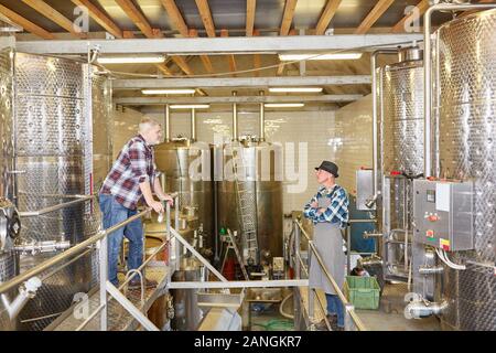 Two winemakers in the winery or brewery in conversation in front of the fermentation tanks Stock Photo