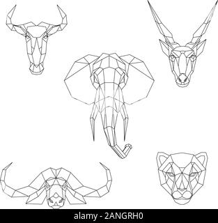 Polygonal set of African animals. Geometric heads of a blue wildebeest, cape buffalo, cheetah, eland antelope, elephant. Vector illustration. Stock Vector
