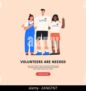 Volunteers needed flat colorful vector illustration for web banners, infographics, landing pages, advertising. Group of young men and women standing t Stock Vector