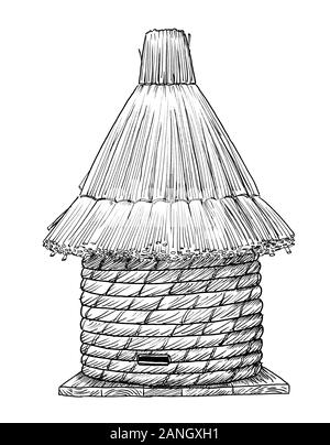 Drawing of old type beehive made of strew. Sketch of eekeeping equipement, black and white illustration Stock Photo