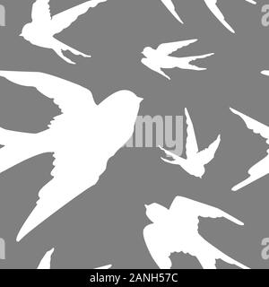 Freehand drawn white silhouettes of swallows and pigeons in flight on gray background. Design for decor, backgrounds, packaging, covers, cards. Stock Photo