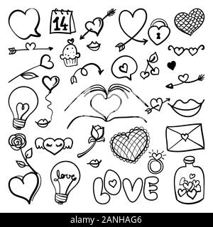 Valentine's Day overlays, doodle design set. Retro badges. Hand drawn isolated emblem with hearts, lips, flowers, arrows, overlock, lips, kisses, sppe Stock Vector