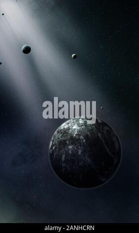 3d illustration. Imaginary planets moons stars nebula in space Stock Photo