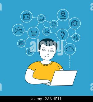 Man behind a laptop on the Internet. Networking opportunities vector Stock Vector