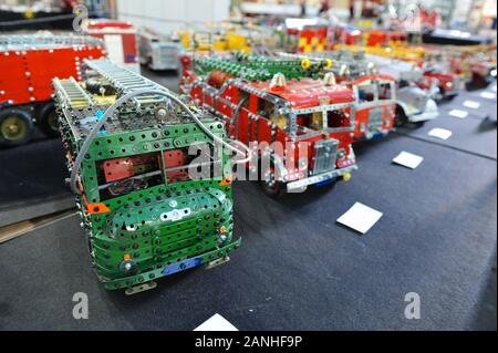 A Meccano model of a Green Goddess Fire Engine (Bedford RL 4X4) on display on the opening day of the London Model Engineering Exhibition opened today at Alexandra Palace, London.  The model is part of the collection of Warwick District Councillor and retired chartered Mechanical Engineer George Illingworth who is displaying 30 of his hand-built large 1/12 scale Meccano Fire Engines from his 60+ magnificent collection.  The show is one of the largest modelling exhibitions in the UK, blending the full spectrum of model creation from traditional model engineering, steam locomotives and traction e Stock Photo