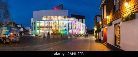 Marlowe Theatre and the Pilgrims Hotel in Friars Lane, Canterbury; illuminated with Christmas lights and decorations. Stock Photo