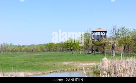 is a bird watching tower in the Hortobágy National Park in Hungary Stock Photo