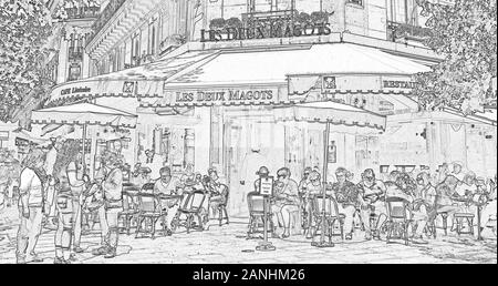 The terrace of the famous cafe, Les Deux Magots, boulevard Saint-Germain, Paris, France  ' illustration' Stock Photo