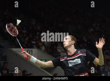 Jakarta, Indonesia. 17th Jan, 2020. Viktor Axelsen of Denmark competes during the men's singles quarterfinal match against Zhao Junpeng of China at Indonesia Masters 2020 badminton tournament in Jakarta, Indonesia, Jan. 17, 2020. Credit: Zulkarnain/Xinhua/Alamy Live News Stock Photo