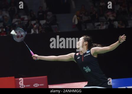 Jakarta, Indonesia. 17th Jan, 2020. Ratchanok Intanon of Thailand competes during the women's singles quarterfinal match against Michelle Li of Canada at Indonesia Masters 2020 badminton tournament in Jakarta, Indonesia, Jan. 17, 2020. Credit: Zulkarnain/Xinhua/Alamy Live News Stock Photo