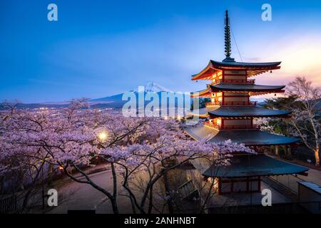 Fujiyoshida, Japan at Chureito Pagoda and Mt. Fuji in the spring with cherry blossoms full bloom during twilight. Japan Landscape and nature travel, o Stock Photo