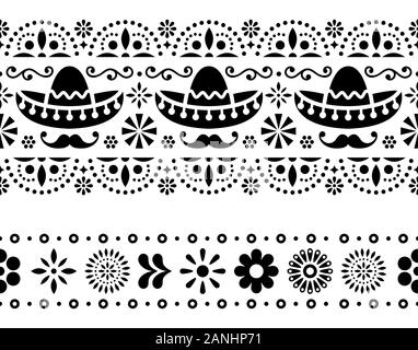 Mexican seamless vector pattern with sombrero, mustache and flowers - textile, wallpaper design Stock Vector