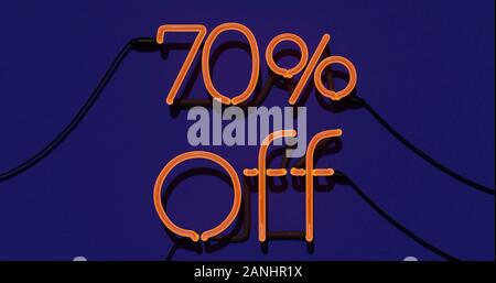 70 Percent Discount 3d Sign on in Blue Background, Special Offer 70% Neon, Sale Up to 70 Percent Off, Special Offer Advertising - 3D Rendering Concept Stock Photo