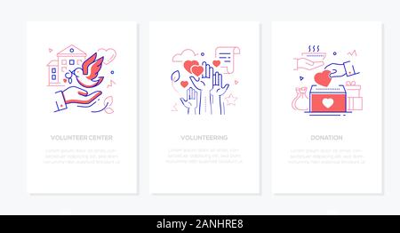 Volunteering - vector line design style banners set Stock Vector