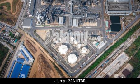 Top view oil refinery industry zone, Industrial manufacturing petrochemical,  Refinery plant in the daytime. Stock Photo