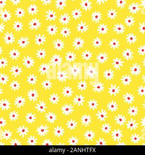 Naive graphic abstract daisies floral vector seamless pattern. Simplistic hand drawn white blooms on leon yellow background. Retro minimal stylized fl Stock Vector