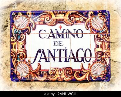 Sign made of Tiles on a House for the Camino Street on the Way of St James (Camino de Santiago) Stock Photo