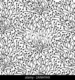 Abstract seamless vector pattern. Branches and berries. Black and white. Isolated from background. Hand drawn. Stock Photo