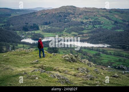 A man looking out over a vast view of the wilderness Stock Photo