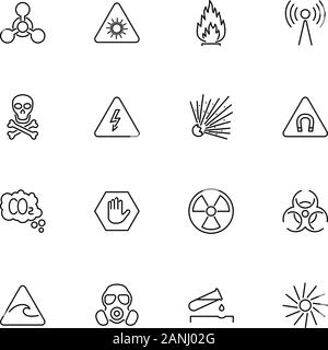 Danger, Warning, Safety outline icons set - Black symbol on white background. Danger, Warning, Safety Simple Illustration Symbol - lined simplicity Si Stock Vector