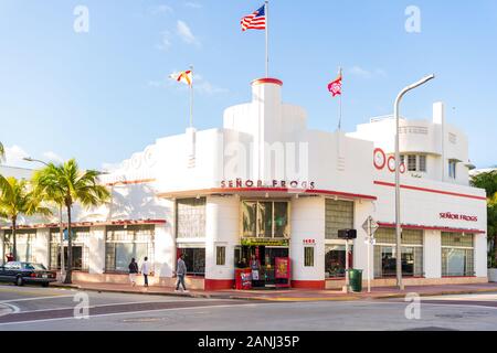 Miami, Florida - January 5, 2020: Exteriors of Señor Frog's Restaurant Located in Collins Avenue, Miami, Florida. Stock Photo