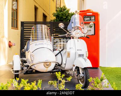 South Beach, Miami - January 6, 2020: Vintage Vespa with Sidecar Displayed in Miami Beach. Stock Photo