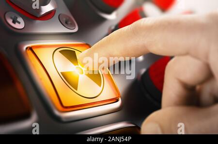 Finger pushing a nuclear button. Concept of uranium enrichment and radioactivity. Composite image between a hand photography and a 3D background. Stock Photo
