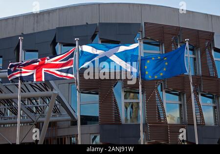 Scottish Parliament, Edinburgh, Scotland, UK. 17th Jan. 2020.The EU flag will be taken down after 11pm on January 31, 2020. Presiding Officer Ken Macintosh has written to MSPs to explain that the flag will no longer be flown at the Scottish Parliament after Brexit. Stock Photo