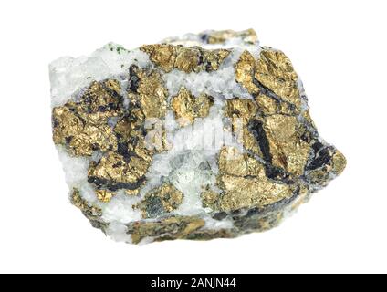 Chalcopyrite inclusions in quartz isolated on a white background; macro shooting of collection natural rock Stock Photo
