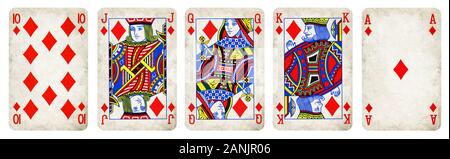 Diamonds Suit Vintage Playing Cards, Set include Ace, King, Queen, Jack and Ten - isolated on white. Stock Photo