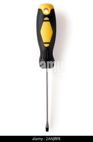 Overhead view of a flat headed screwdriver isolated on white background Stock Photo