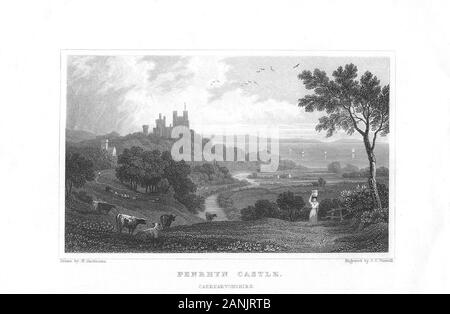 Early nineteenth century engraving print of Penrhyn castle in north Wales, Britain Stock Photo