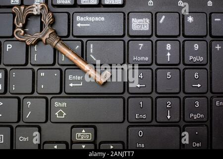 Close up old key and push-button the computer keyboard, Data protection by key concept Stock Photo