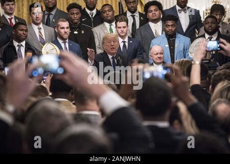 Washington, United States. 17th Jan, 2020. President Donald Trump delivers remarks at an event with the 2019 College Football National Champions: Louisiana State University Tigers in the East Room of the White House in Washington, DC on Friday, January 17, 2020. Photo by Sarah Silbiger/UPI Credit: UPI/Alamy Live News Stock Photo