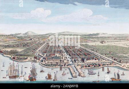 The City of Batavia in the Island of Java.  After a hand-coloured print dated 1754.  Batavia, capital of the Dutch East Indies, is now modern-day Jakarta, capital  of Indonesia.  Later colourization. Stock Photo